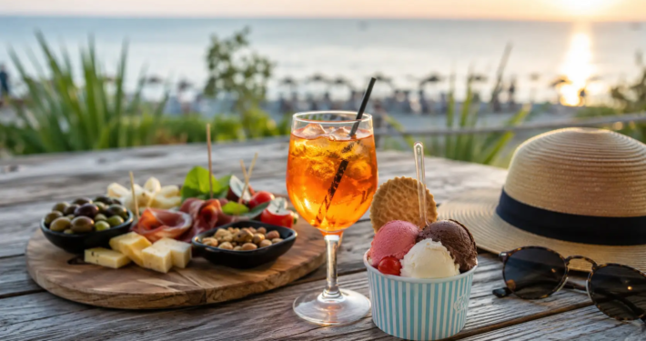 Aperitivo e gelato al tramonto sul mare, simbolo di un'alimentazione equilibrata durante l'estate e le vacanze.