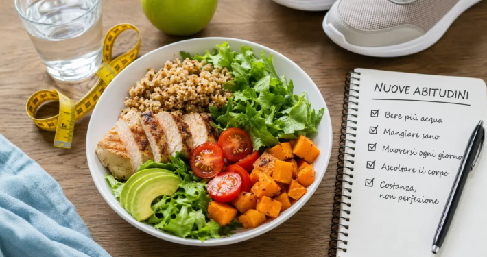 Alimentazione equilibrata dopo le vacanze con pasto sano, acqua e movimento
